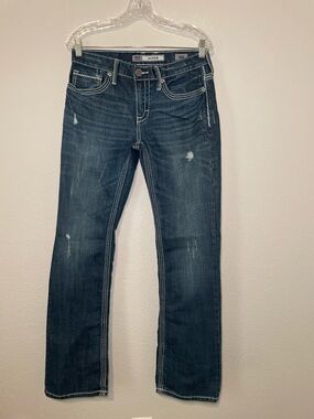 BKE Jeans Mens Sz 30 Blue Aiden Straight Leg Stretch Western Denim Whiskering